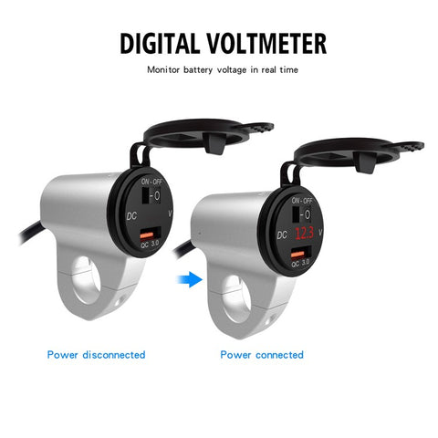 WUPP ZH-975 Motorcycle Handlebar 2.4A USB Phone Charger Aluminum Alloy Waterproof Voltage Digital Display QC3.0 Fast Charge Adapter with Switch