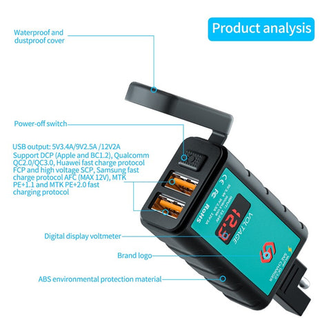 ZH-1422A3 Dual USB Port 5V 3.4A Power Adapter Socket Motorcycle Handlebar Voltmeter Display Fast Charger with 1.4m SAE+OT Terminal Cable