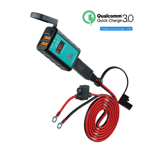 ZH-1422A3 Dual USB Port 5V 3.4A Power Adapter Socket Motorcycle Handlebar Voltmeter Display Fast Charger with 1.4m SAE+OT Terminal Cable
