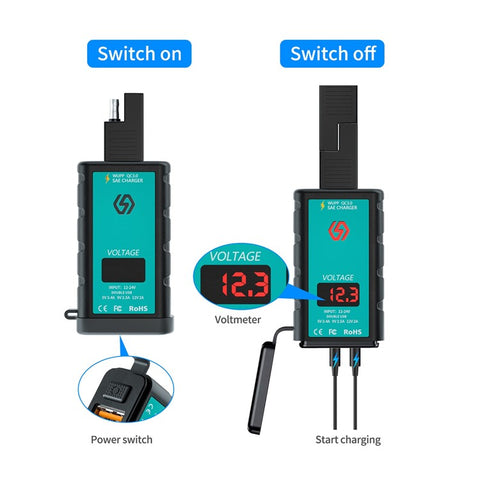 ZH-1422A3 Dual USB Port 5V 3.4A Power Adapter Socket Motorcycle Handlebar Voltmeter Display Fast Charger with 1.4m SAE+OT Terminal Cable