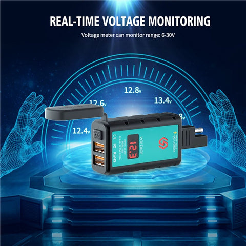 ZH-1422A3 Dual USB Port 5V 3.4A Power Adapter Socket Motorcycle Handlebar Voltmeter Display Fast Charger with 1.4m SAE+OT Terminal Cable