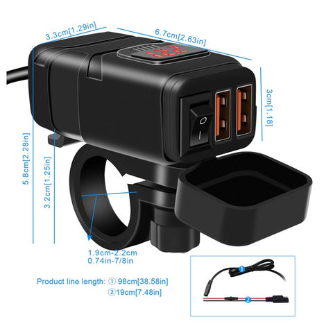 WUPP ZH-854A Motorcycle Handlebar Dual USB QC3.0 Phone Charger Voltmeter Fast Charge Adapter with Switch