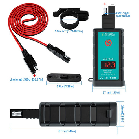 ZH-1422A2 5V 3.4A Dual USB Port Adapter Socket Motorcycle Handlebar Fast Charger, with Voltmeter Display and 1m SAE Extension Cable