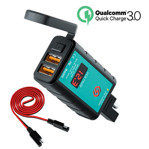 ZH-1422A2 5V 3.4A Dual USB Port Adapter Socket Motorcycle Handlebar Fast Charger, with Voltmeter Display and 1m SAE Extension Cable