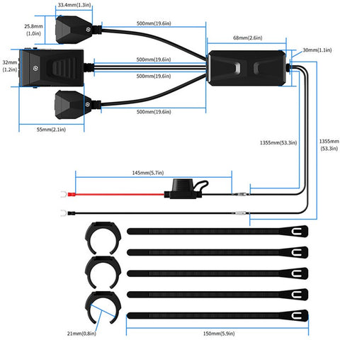 WUPP CS-1849C1 Motorcycle Charger QC3.0 USB-A+Type-C+Cigarette Lighter Handlebar Charger