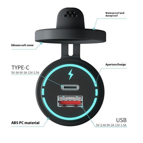 WUPP ZH-1786B1 QC3.0 USB+Type-C Charger IP66 Waterproof Socket with Silicone Cap