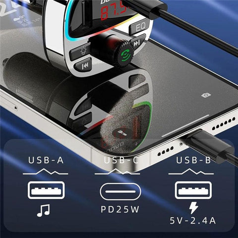 DUDAO R2Pro+ Colorful Light Bluetooth-compatible Car Kit Hands-Free Call MP3 Player PD Type-C + Dual USB Car Charger