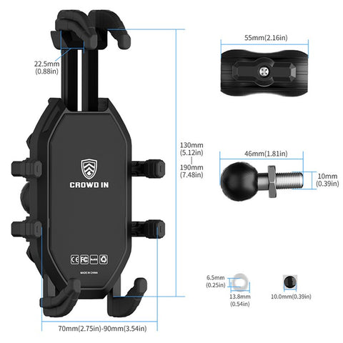 WUPP CS-2072C1 Motorcycle Phone Mount M10 Ball Head Rotation Anti-Theft Holder