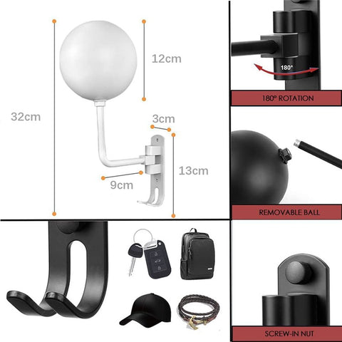 1Pair Motorcycle Wall Mounted Helmet Display Rack 180-Degree Rotating E-Bike Helmet Holder with 2 Hook for Hats, Caps, Keys, Bags