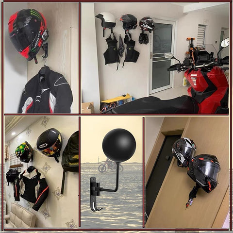 1Pair Motorcycle Wall Mounted Helmet Display Rack 180-Degree Rotating E-Bike Helmet Holder with 2 Hook for Hats, Caps, Keys, Bags