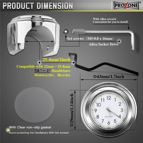 Aluminum Alloy Motorcycle Bike Clock 22-25.4mm Handlebar Luminous Clock / Thermometer