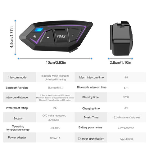 EJEAS 8 Riders Mesh Intercom Motorcycle Helmet Bluetooth-compatible Intercom Wireless Walkie-Talkie