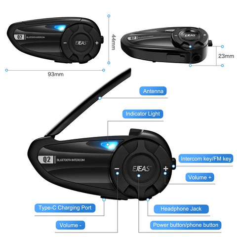 EJEAS Q2 Motorcycle Helmet Bluetooth-compatible Intercom 2 Rider Waterproof Walkie-Talkie Support FM Function, 3s Pairing