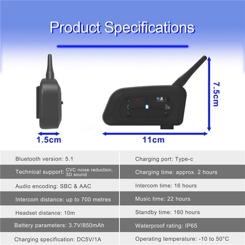 EJEAS V7 Motorcycle Helmet Bluetooth-compatible 5.0 Intercom 7 Riders 700m Walkie-Talkie System IP65 Waterproof