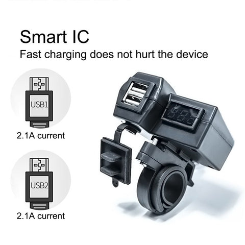 KAAWAZONO Motorcycle Handlebar Dual USB Mobile Phone Charger Electric Motorcycle 2.1A Fast Charge Adapter with Switch