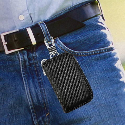 Carbon Fiber Leather Car Remote Key Protector RFID Signal Blocking Pouch Car Security Anti-Theft Bag