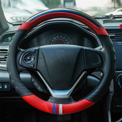 38CM O-Shaped Car Steering Wheel Cover Splicing Color Microfiber Leather Sleeve Protector