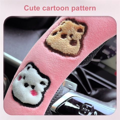 38cm D-shape Cartoon Bear Car Steering Wheel Cover Short Plush Warm Steering Wheel Sleeve