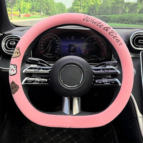 38cm D-shape Cartoon Bear Car Steering Wheel Cover Short Plush Warm Steering Wheel Sleeve