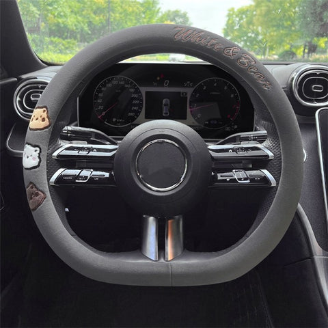 38cm D-shape Cartoon Bear Car Steering Wheel Cover Short Plush Warm Steering Wheel Sleeve