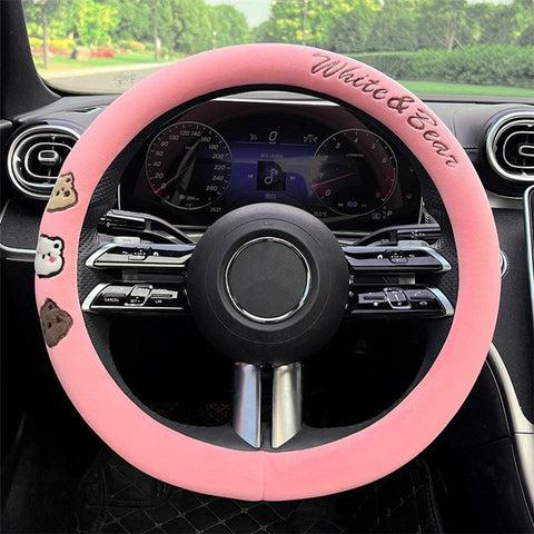 38cm Round Car Steering Wheel Cover Cartoon Bear Design Short Plush Warm Steering Wheel Sleeve