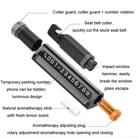 Parking Number Plate with Aromatherapy Multi-function Car Safety Hammer Window Breaker