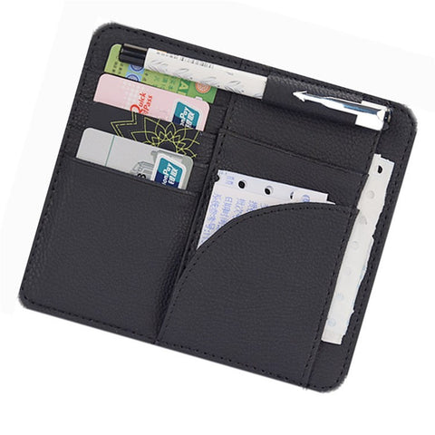 Car Sun Visor Storage Bag PU Leather Cards Bills Driver License Holder Bag