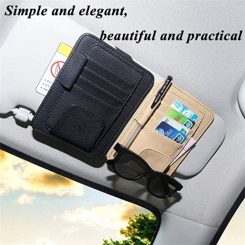 Car Sun Visor Storage Bag Litchi Texture PU Leather Cards Bills Glasses Holder