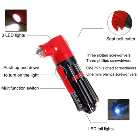 8 in 1 Car Safety Hammer with Seat Belt Cutter Multifunctional Screwdrivers Car Tools with LED Light
