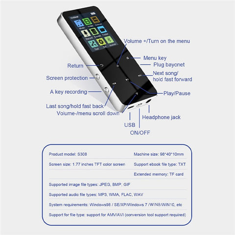 S308 64GB TF Card Touch Screen MP3 Sound Recorder Music Video MP4 Player with Dictionary + Bluetooth-compatible Function