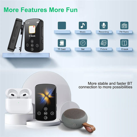 T8 1.54 Inch Touch Screen MP4 Player Bluetooth-Compatible FM Radio E-Book Reader with Back Clip (Without TF Card)
