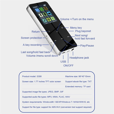 S308 Touch Screen MP3 Sound Recorder Music Video MP4 Player with Dictionary + Bluetooth-compatible Function