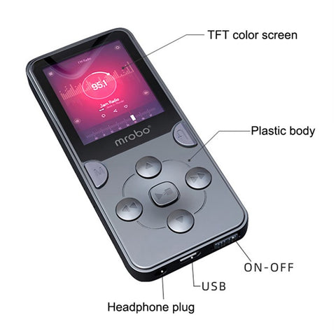 MROBO X-02 128GB 1.8-inch TFT Screen MP4 Player FM Radio Voice Recording Function Music Video Player Walkman with Speaker