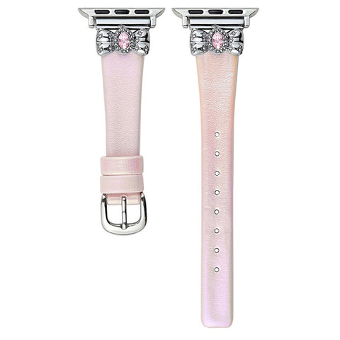 Watch Strap for Apple Watch Series 11 10 42mm / 9 8 7 41mm / SE3 SE2 SE 6 5 4 40mm / 3 2 1 38mm Leather Band Butterfly Joint Rhinestones Decor