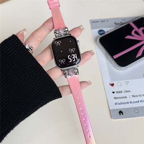 Watch Strap for Apple Watch Series 11 10 42mm / 9 8 7 41mm / SE3 SE2 SE 6 5 4 40mm / 3 2 1 38mm Leather Band Butterfly Joint Rhinestones Decor