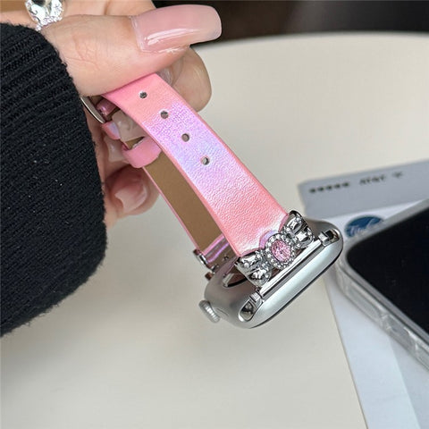 Watch Strap for Apple Watch Series 11 10 42mm / 9 8 7 41mm / SE3 SE2 SE 6 5 4 40mm / 3 2 1 38mm Leather Band Butterfly Joint Rhinestones Decor
