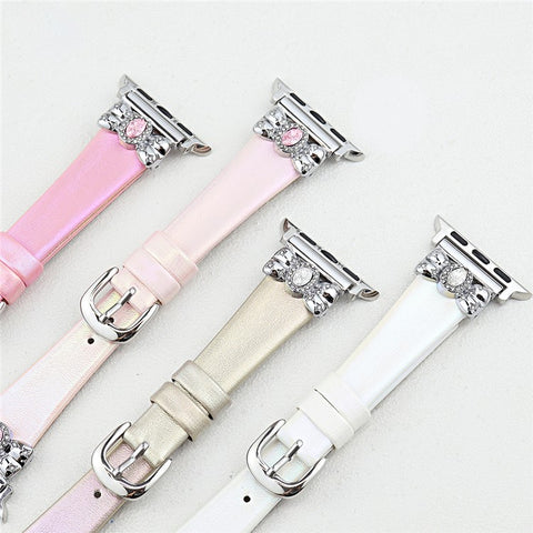 Watch Strap for Apple Watch Series 11 10 42mm / 9 8 7 41mm / SE3 SE2 SE 6 5 4 40mm / 3 2 1 38mm Leather Band Butterfly Joint Rhinestones Decor