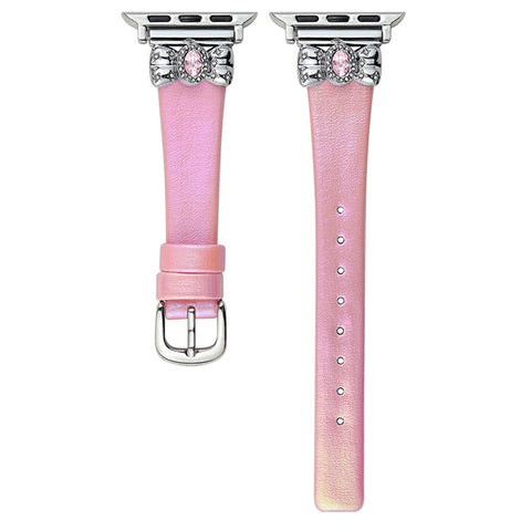 Watch Strap for Apple Watch Series 11 10 42mm / 9 8 7 41mm / SE3 SE2 SE 6 5 4 40mm / 3 2 1 38mm Leather Band Butterfly Joint Rhinestones Decor