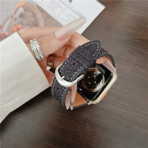 Adjustable Strap for Apple Watch Series 11 10 42mm / 9 8 7 41mm / SE3 SE2 SE 6 5 4 40mm / 3 2 1 38mm Glitter Leather Watch Band