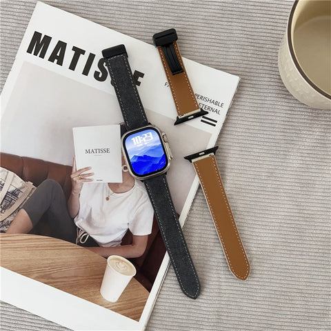 Watch Band For Apple Watch Ultra 3 2 1 49mm / Series 11 10 46mm / 9 8 7 45mm / SE3 SE2 SE 6 5 4 44mm / 3 2 1 42mm Magnetic Buckle Leather Nylon Wrist Strap