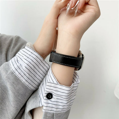 Genuine Leather Watch Band For Apple Watch Series 11 10 42mm / 9 8 7 41mm / SE3 SE2 SE 6 5 4 40mm / 3 2 1 38mm Strap with Magnetic Clasp X-Buckle