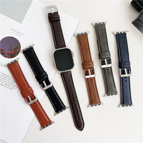 Watch Band For Apple Watch Series 11 10 42mm / 9 8 7 41mm / SE3 SE2 SE 6 5 4 40mm / 3 2 1 38mm Crazy Horse Texture Leather Wrist Strap