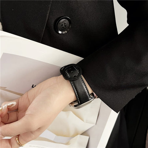 Watch Band For Apple Watch Series 11 10 42mm / 9 8 7 41mm / SE3 SE2 SE 6 5 4 40mm / 3 2 1 38mm Crazy Horse Texture Round Buckle Leather Wrist Strap