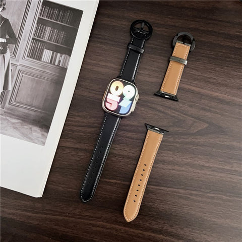 Watch Band For Apple Watch Series 11 10 42mm / 9 8 7 41mm / SE3 SE2 SE 6 5 4 40mm / 3 2 1 38mm Crazy Horse Texture Round Buckle Leather Wrist Strap