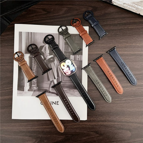 Watch Band For Apple Watch Series 11 10 42mm / 9 8 7 41mm / SE3 SE2 SE 6 5 4 40mm / 3 2 1 38mm Crazy Horse Texture Round Buckle Leather Wrist Strap
