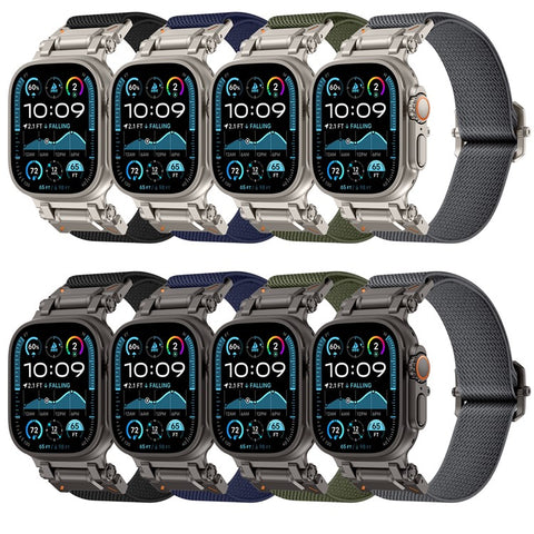 Wrist Band for Apple Watch Ultra 3 2 1 49mm / Series 11 10 46mm / 9 8 7 45mm / SE3 SE2 SE 6 5 4 44mm / 3 2 1 42mm Titanium Color Metal Connector Nylon Watch Strap