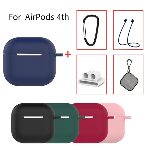 5Pcs  /  Set For AirPods 4 Soft Silicone Case Kit with Keychain  /  Earphone Holder  /  Anti-lost Neck Strap  /  Storage Case