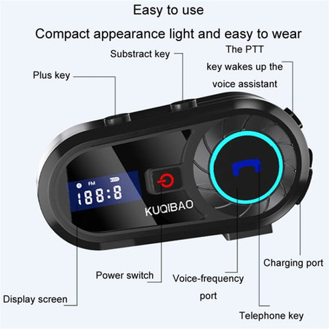 KUQIBAO Moto Interphone Helmet Bluetooth-compatible Headset Motorcycle Intercom Waterproof Headphone (with Hard Microphone)