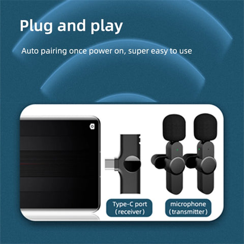 2Pcs Wireless Lavalier Microphone Live Streaming Lapel Clip Mic with Type-C Receiver