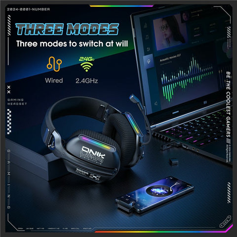 ONIKUMA GT808 Triple Mode Gaming Headset 60H Battery Life RGB Stereo Headphone for PC  /  PS5  /  Xbox